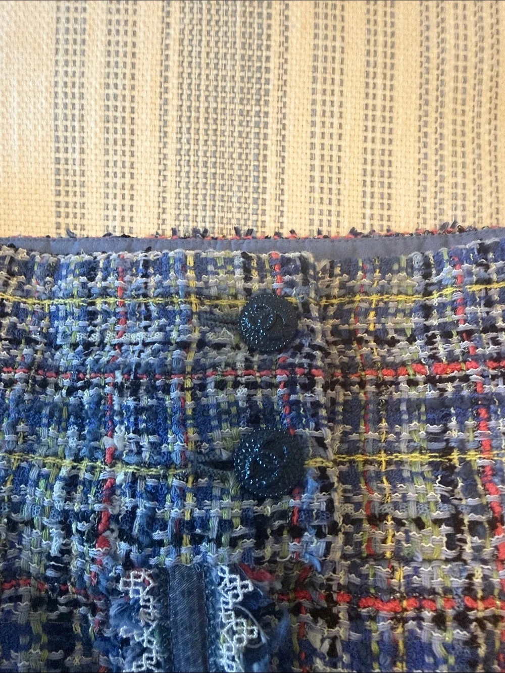 CHANEL Blue Multicolor Tweed Pencil Skirt with Fringed Trim